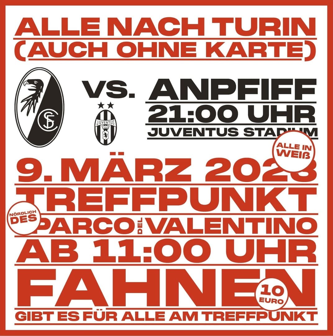 Plakat mit Informationen zum Treffpunkt aller SC-Fans beim Auswärtsspiel in Turin.